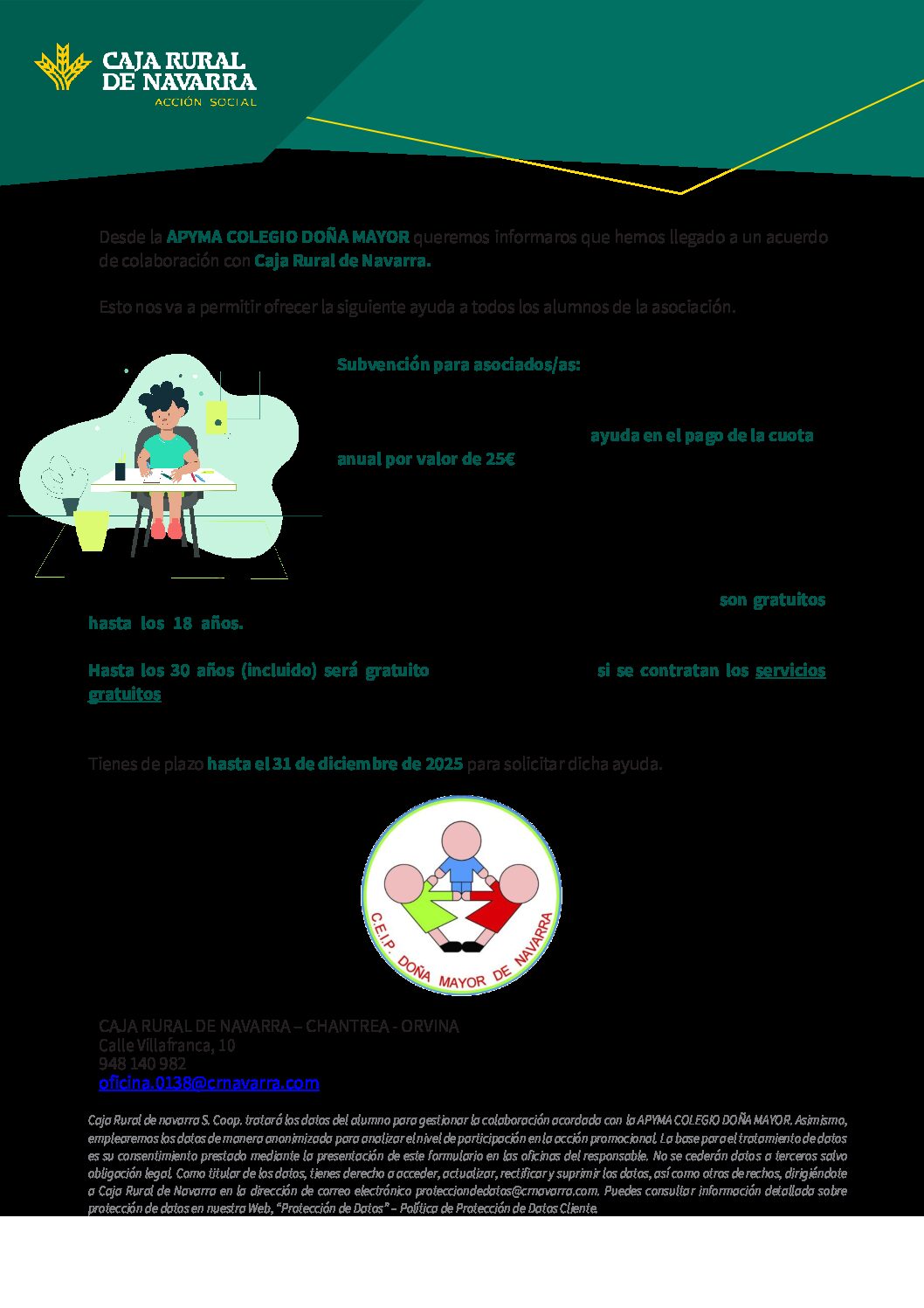 Lee más sobre el artículo Desde la APYMA COLEGIO queremos informaros que hemos llegado a un acuerdo de colaboración con Caja Rural de Navarra