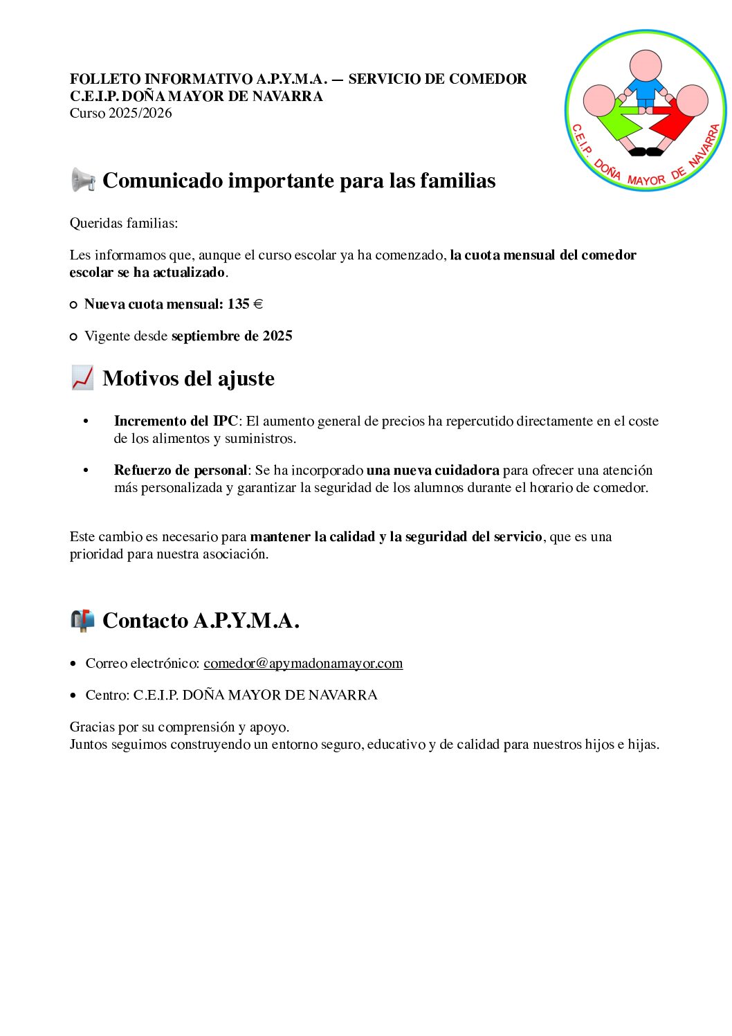Lee más sobre el artículo INCREMENTO CUOTA DE COMEDOR DESDE SEPTIEMBRE 2025